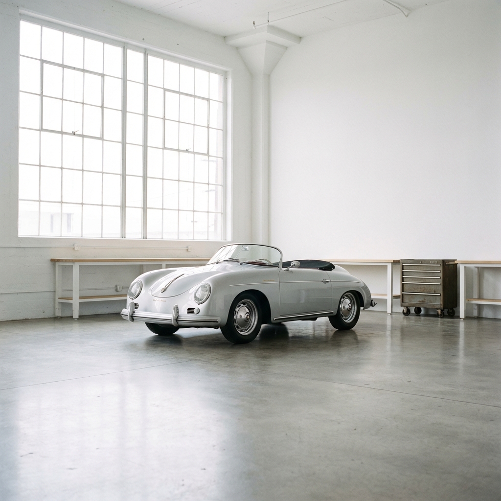 Classic Porsche 356 in modern white workshop